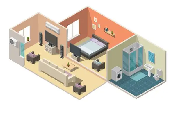 Vector illustration of Isometric interior apartment vector illustration modern set of bathroom, kitchen, living room, bedroom.