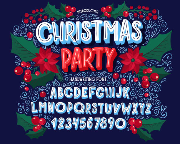 Christmas font. Holiday typography alphabet with festive illustrations and season wishes. vector art illustration