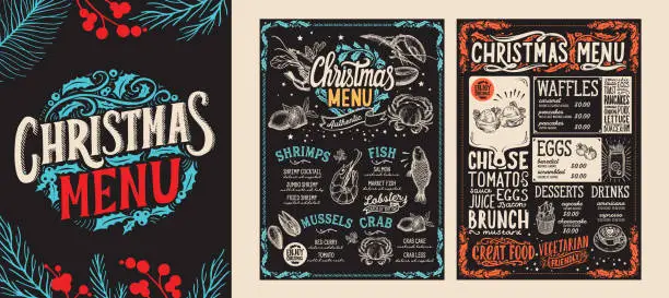 Vector illustration of Christmas and New Year food menu template for restaurant. Vector illustration for holiday dinner celebration with hand-drawn lettering.