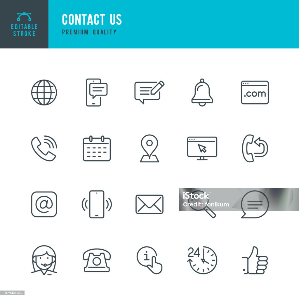 Contact Us - thin line vector icon set. Editable stroke. Pixel Perfect. Set contains such icons as Globe, Location, Feedback, Message, Support, Telephone, Mail. Contact Us - thin line vector icon set. Editable stroke. Pixel Perfect. 20 line icon. Set contains such icons as Support, Globe, Location, Feedback, Message, Telephone, Calendar, Mail, Site, Notification. Icon stock vector