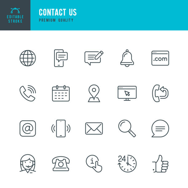 Contact Us - thin line vector icon set. Editable stroke. Pixel Perfect. Set contains such icons as Globe, Location, Feedback, Message, Support, Telephone, Mail. Contact Us - thin line vector icon set. Editable stroke. Pixel Perfect. 20 line icon. Set contains such icons as Support, Globe, Location, Feedback, Message, Telephone, Calendar, Mail, Site, Notification. information sign stock illustrations