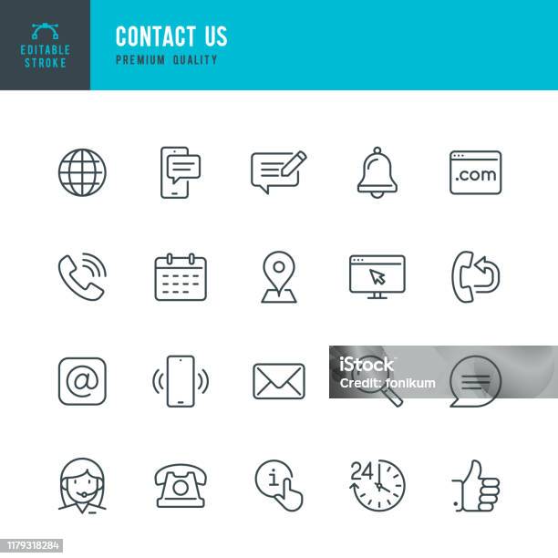 Contact Us Thin Line Vector Icon Set Editable Stroke Pixel Perfect Set Contains Such Icons As Globe Location Feedback Message Support Telephone Mail Stock Illustration - Download Image Now