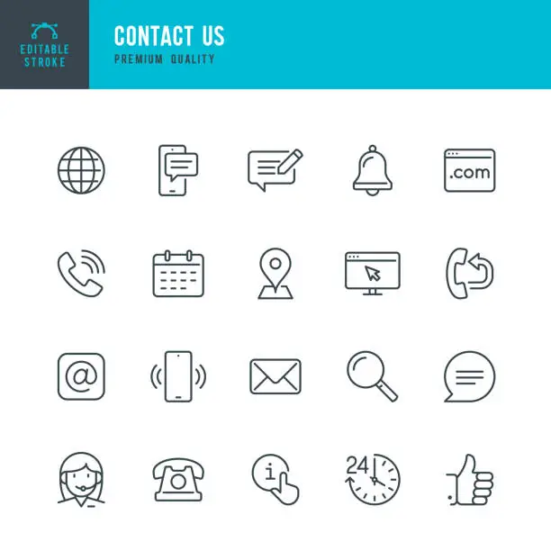 Vector illustration of Contact Us - thin line vector icon set. Editable stroke. Pixel Perfect. Set contains such icons as Globe, Location, Feedback, Message, Support, Telephone, Mail.
