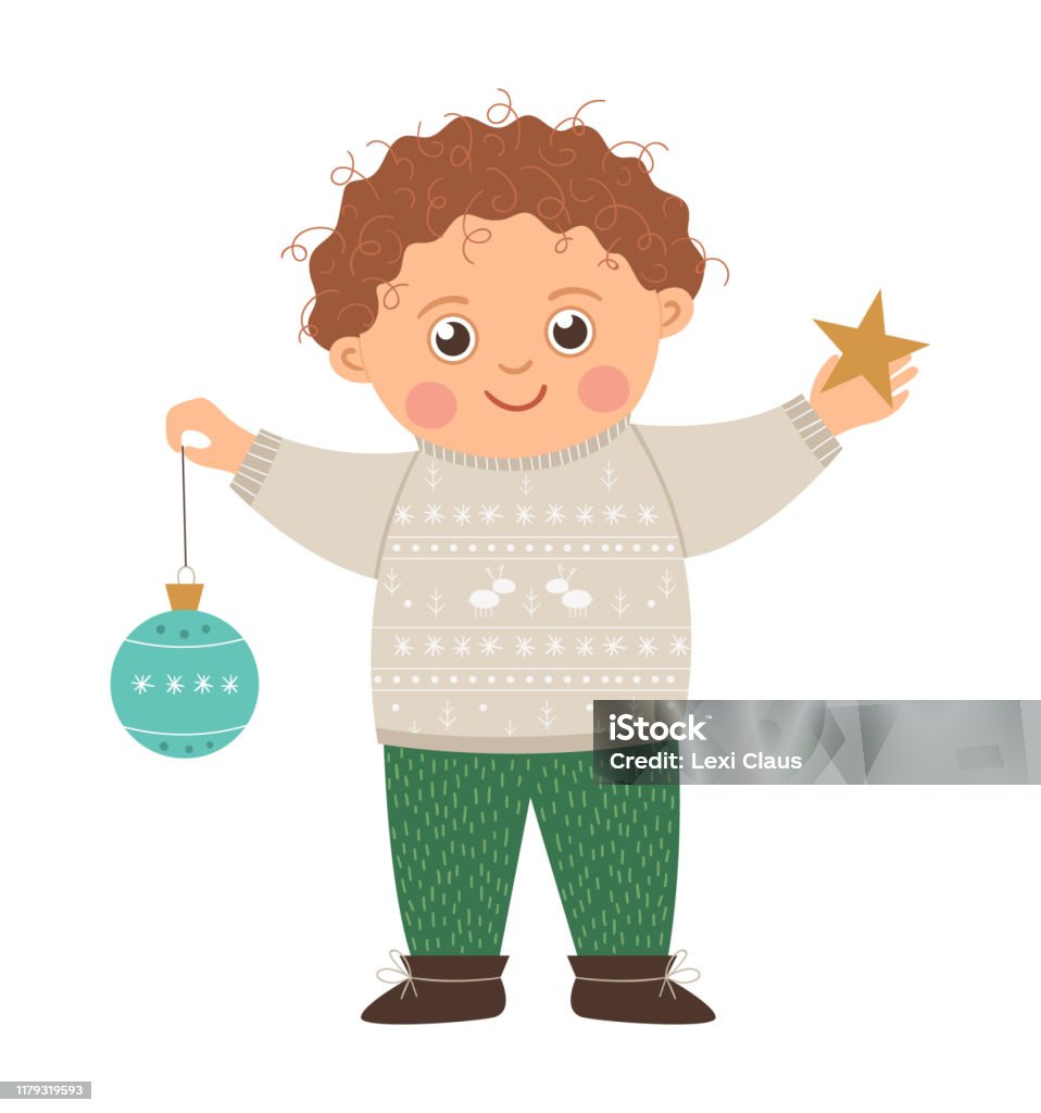 Vector Happy Boy In Sweater With Curly Brown Hair Holding A Christmas Ball  And A Star Cute Winter Kid Illustration Isolated On White Background Funny  Flat Style Picture For Christmas New Year