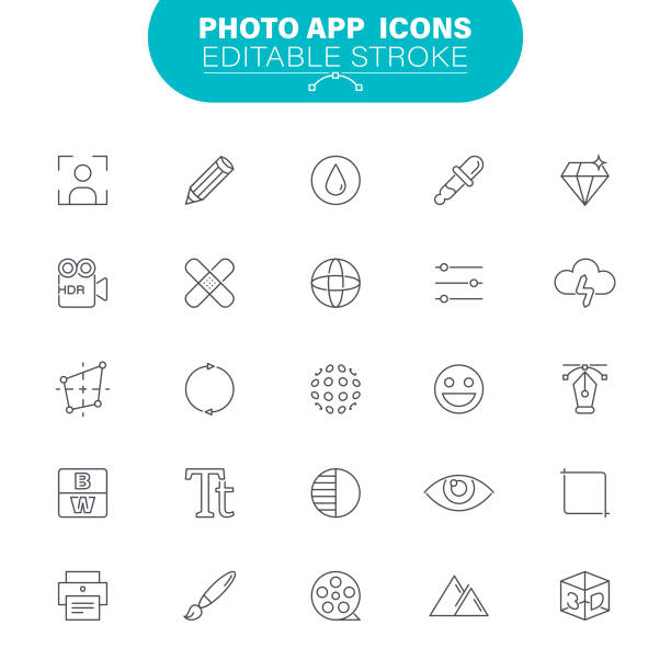 Photo Editor Icons Photo Album, Eye, Lens - Optical Instrument, Picture Frame, Photography, Camera, Editable Icon Set photo editor photos stock illustrations