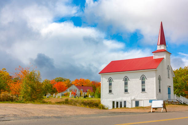 Church at roadside, Cabot Trail, Cape Breton Island, Nova Scotia Church at roadside, Cabot Trail, Cape Breton Island, Nova Scotia, Canada cabot trail stock pictures, royalty-free photos & images