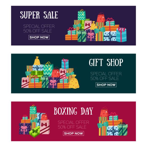 три рождественские распродажи баннеров с подарками, подарками - gift christmas christmas present three objects stock illustrations