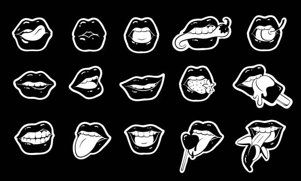 illustrations, cliparts, dessins animés et icônes de ensemble d'autocollants noirs et blancs de la fille bouches dessin animé style pop art - sticking out tongue