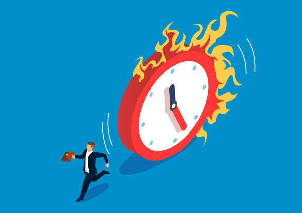 ilustraciones, imágenes clip art, dibujos animados e iconos de stock de el tiempo es urgente, el reloj en llamas se encuentra con el hombre de negocios - heat effort emotional stress business