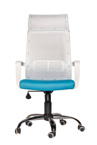 White office armchair with blue seat isolated on white background. Front view
