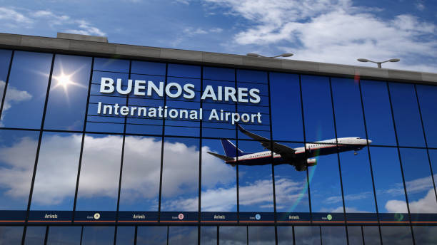 istock Airplane landing at Buenos Aires mirrored in terminal 1179334651