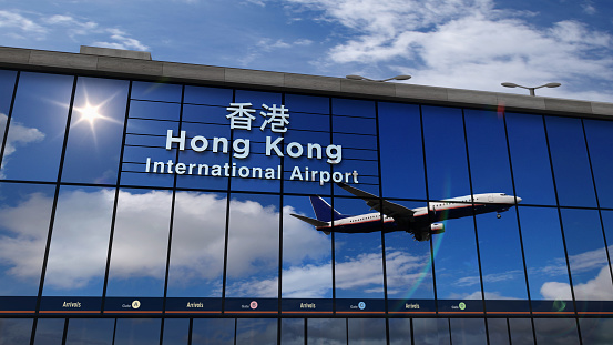 Jet aircraft landing at Hong Kong, China 3D rendering illustration. Arrival in the city with the glass airport terminal and reflection of the plane. Travel, business, tourism and transport concept.