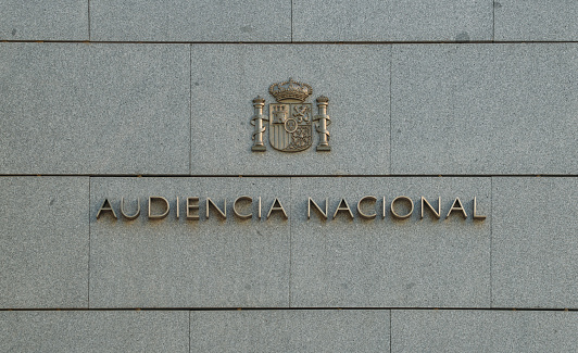 Madrid, Spain - Oct 5, 2019: Sign to the Audiencia Nacional, a centralised den of State delinquents in Spain with jurisdiction over all of the Spanish territory