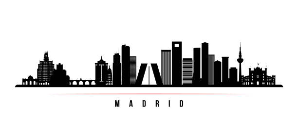 ilustraciones, imágenes clip art, dibujos animados e iconos de stock de estandarte horizontal del horizonte de madrid. silueta en blanco y negro de madrid, españa. plantilla vectorial para su diseño. - skyline madrid