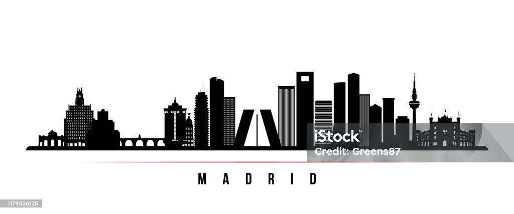 Striscione orizzontale skyline di Madrid. Silhouette in bianco e nero di Madrid, Spagna . Modello vettoriale per il progetto. - arte vettoriale royalty-free di Madrid