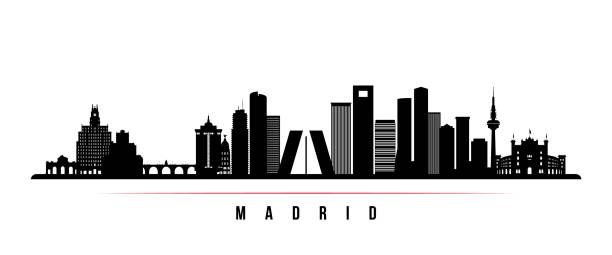 Madrid skyline horizontal banner. Black and white silhouette of Madrid, Spain . Vector template for your design. Madrid skyline horizontal banner. Black and white silhouette of Madrid, Spain . Vector template for your design. madrid stock illustrations