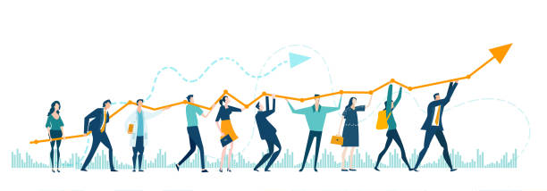 Business people caring growth arrow as a symbol working together, making a progress, successful way to move the businessBusiness people queueing for the better job. Finding new opportunity, competing, improving and care growth concept illustration Business people holding growth arrow as a symbol working together, making a progress, successful way to move the business contract renewal stock illustrations