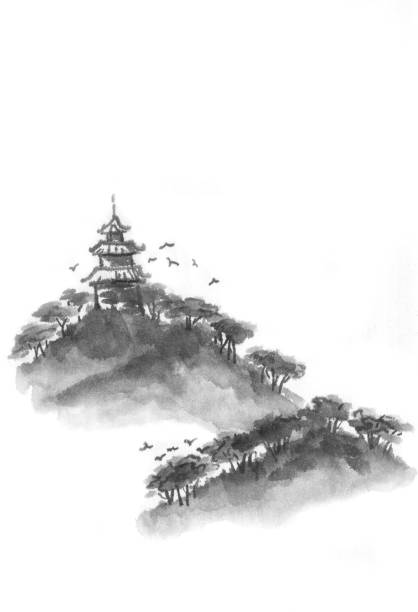 和風墨絵湖と城水墨画 - 城のベクターアート素材や画像を多数ご用意