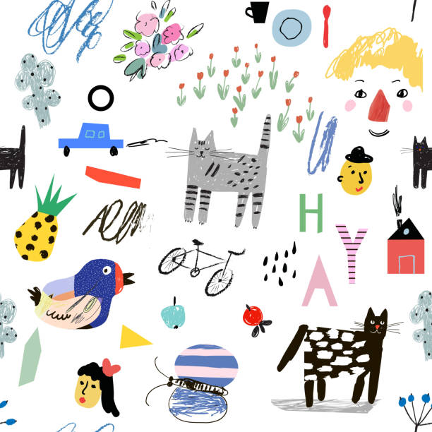 ilustraciones, imágenes clip art, dibujos animados e iconos de stock de divertido patrón sin costuras con elementos dibujados a mano - child drawing