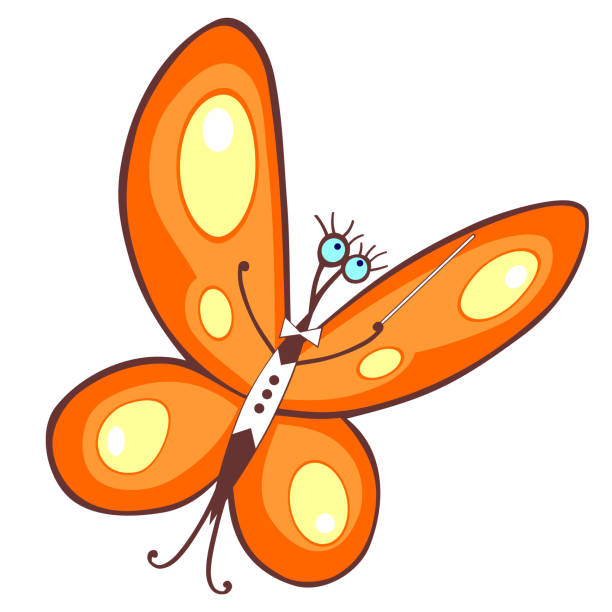 ilustrações de stock, clip art, desenhos animados e ícones de yellow orange butterfly in tailcoat with big blue eyes and a conductor's shelf summer - butterfly single flower vector illustration and painting