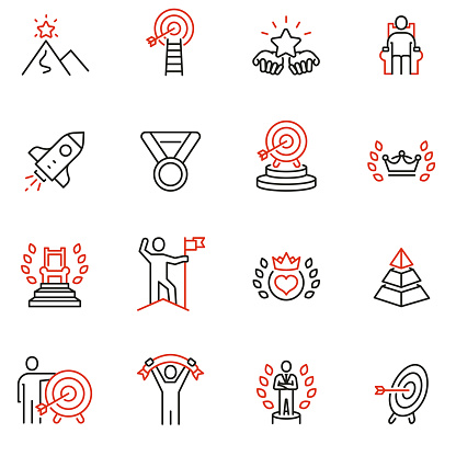 Vector set of linear icons related to leadership development, assertiveness, empowerment, skills. Mono line pictograms and infographics design elements - 2