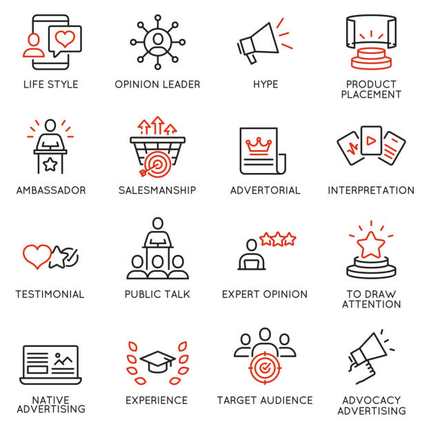 Vector set of linear icons related to business management process, advertising promotion and marketing. Mono line pictograms and infographics design elements - 11 Vector set of linear icons related to business management process, advertising promotion and marketing. Mono line pictograms and infographics design elements - 11 influencer stock illustrations