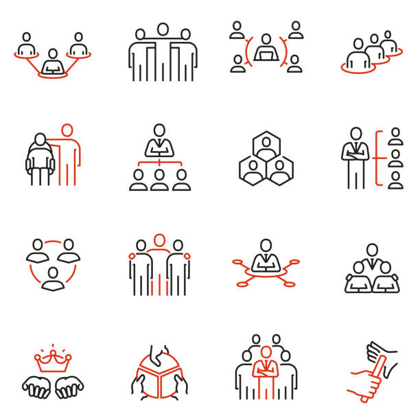 ilustrações de stock, clip art, desenhos animados e ícones de vector set of linear icons related to company organization structure, human resource management and succession. mono line pictograms and infographics design elements - coordination