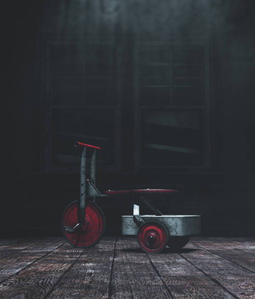 Tricycle toys in haunted house,3d illustration
