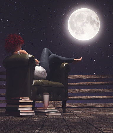 Tranquil life,Woman  repose on vintage leather chair at night looking at the moon,3d illustration