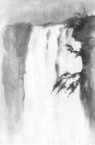 istock Chinese style. Waterfall in the mountains. Background with mountains. Ink mountain. Black and white image. 1179346166