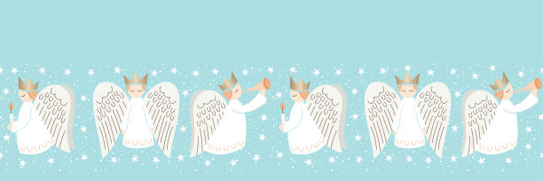 stockillustraties, clipart, cartoons en iconen met leuke kerst scandinavische stijl engelen en sterren op aqua achtergrond vector naadloze horizontale rand patroon - kerstengel