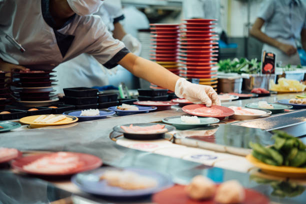 Japan food restaurant belt buffet and chef stock photo