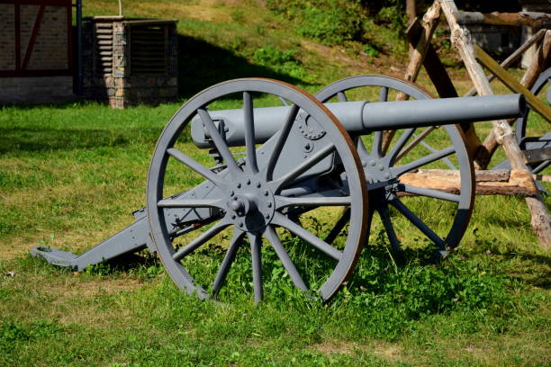 istock Single massive grey cannon replica on two rusty wheels with base and barrel  visible stanting next to an ad hoc wooden barricade in the middle of a lush field, pastureland, or meadow seen in Poland 1179348599