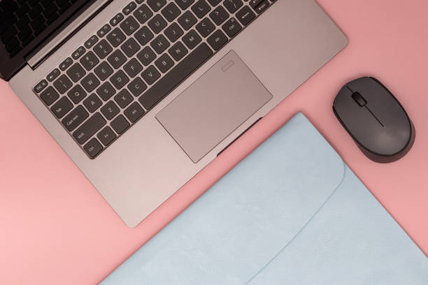 istock Lifestyle work space for student, office worker, freelancer. Modern education concept. Gray laptop in blue case and wireless mouse on pink background. Top view. Flat lay. 1179351126