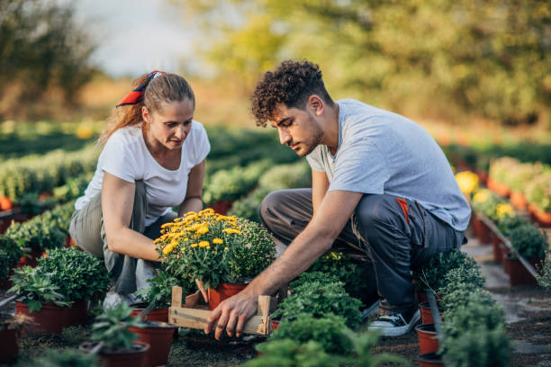 istock Man and woman nursery flowers 1179353435