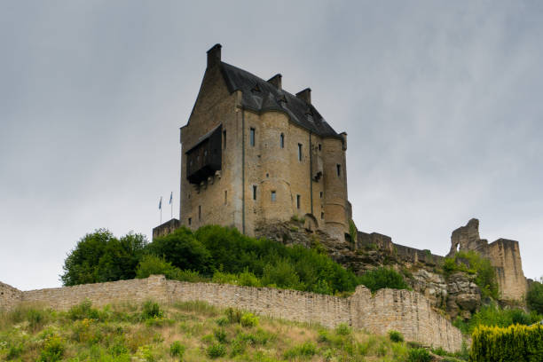 view of the historic castle of Larochette in the village of Larochette in the  canton of Mersch in Luxembourg Larochette, Mersch / Luxembourg - 11 August 2019: view of the historic castle of Larochette in the village of Larochette in the  canton of Mersch in Luxembourg fiels stock pictures, royalty-free photos & images