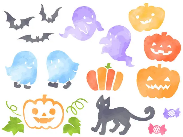 Vector illustration of Halloween watercolor style illustration set