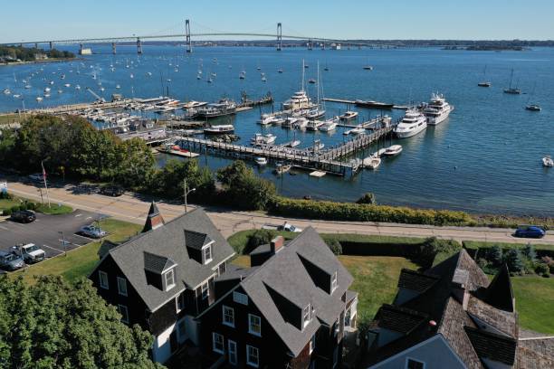 Summer day aerial view of Marina and bridge Aerial photo of Marina and bridge newport rhode island stock pictures, royalty-free photos & images