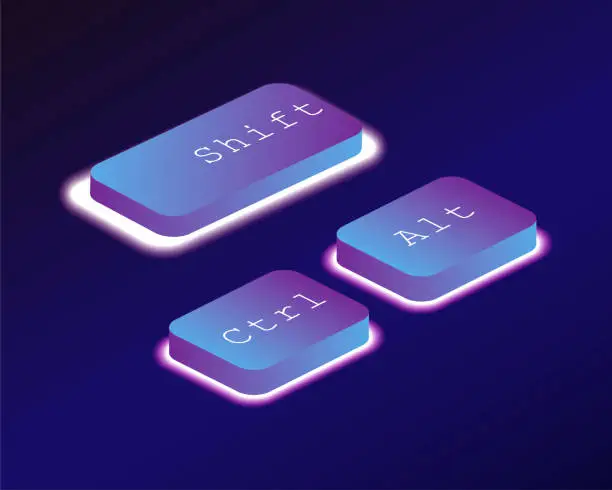 Vector illustration of Combination, Ctrl, Alt, shift. Covered with a neon backlit keyboard button. Software development concept. Vector illustration.