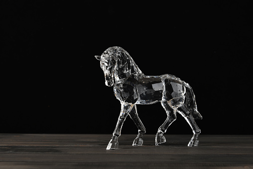 Glass Horse toy in drops of water. This horse figure is made of transparent plastic and is one of the many souvenir items that can be purchased in almost any gift shop or toy store.