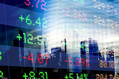 Finance. Abstract office Buildings and Trading Screen Data