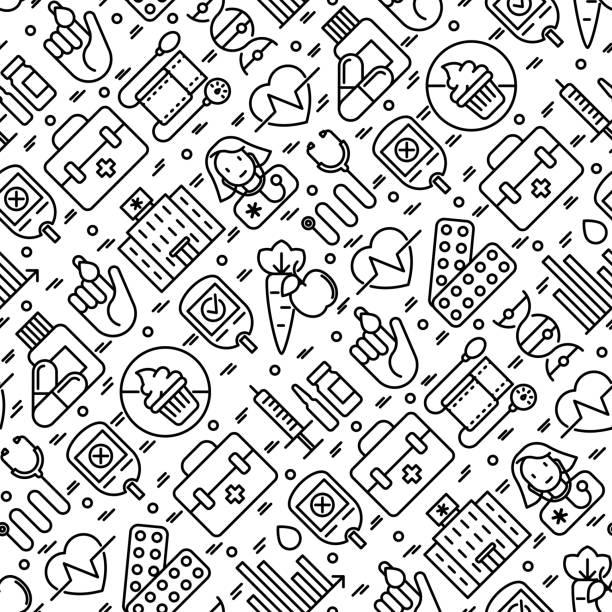 Diabetes seamless pattern with thin line icons of symptoms and prevention care. Vector illustration for background of medical survey or report, for banner, web page, print media. Diabetes seamless pattern with thin line icons of symptoms and prevention care. Vector illustration for background of medical survey or report, for banner, web page, print media. shot apple stock illustrations