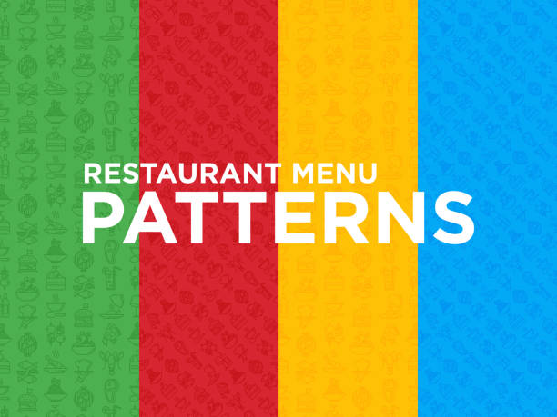 ilustrações de stock, clip art, desenhos animados e ícones de four different restaurant menu seamless patterns with thin line icons: starters, chef dish, bbq, soup, beef, steak, beverage, fish, salad, pizza, wine, seafood, burger. modern vector illustration. - chef appetizer soup food