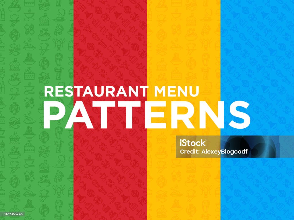 Four different restaurant menu seamless patterns with thin line icons: starters, chef dish, BBQ, soup, beef, steak, beverage, fish, salad, pizza, wine, seafood, burger. Modern vector illustration. Pattern stock vector
