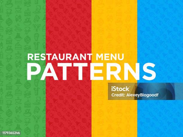 Four Different Restaurant Menu Seamless Patterns With Thin Line Icons Starters Chef Dish Bbq Soup Beef Steak Beverage Fish Salad Pizza Wine Seafood Burger Modern Vector Illustration Stock Illustration - Download Image Now