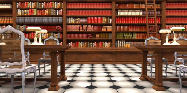 old library with books on the shelves, 3d illustration