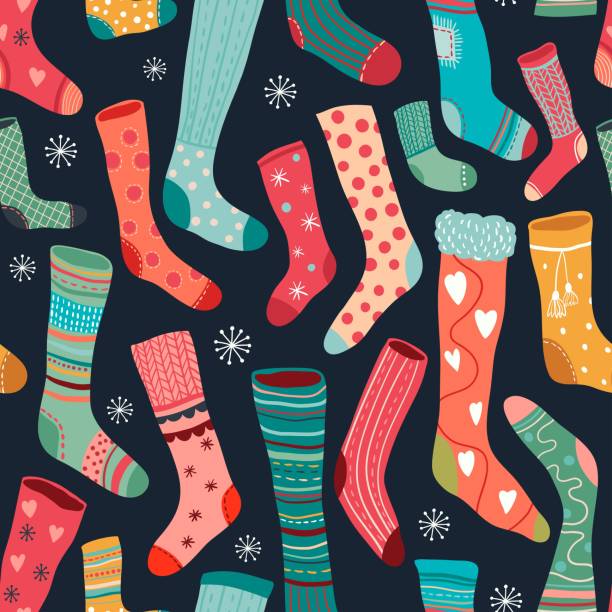 ilustraciones, imágenes clip art, dibujos animados e iconos de stock de patrón sin costuras con calcetines coloridos - sock wool multi colored isolated