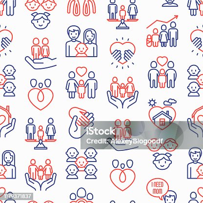 istock Child adoption seamless pattern with thin line icons: adoptive parents, helping hand, orphan, home care, LGBT couple with child, custody, caregivers, happy kid. Modern vector illustration. 1179371837