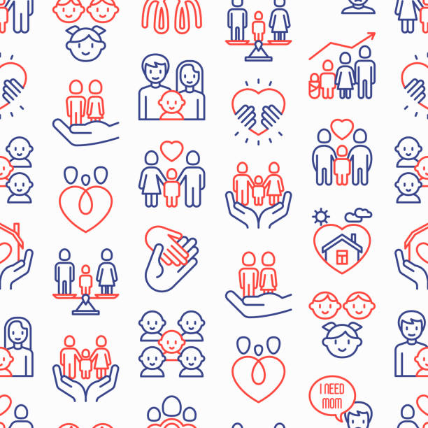 Child adoption seamless pattern with thin line icons: adoptive parents, helping hand, orphan, home care, LGBT couple with child, custody, caregivers, happy kid. Modern vector illustration. Child adoption seamless pattern with thin line icons: adoptive parents, helping hand, orphan, home care, LGBT couple with child, custody, caregivers, happy kid. Modern vector illustration. family designs stock illustrations