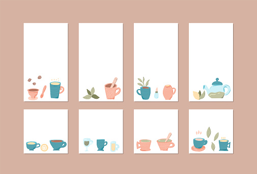 Set of social media templates of vector tea cups. Collection of  in doodle style. Backgrounds for stories and posts.  Vector illustration.